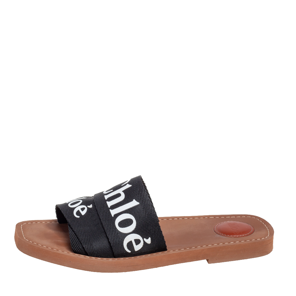 

Chloé Black Canvas 'Woody' Logo Strap Slide Flat Sandals Size