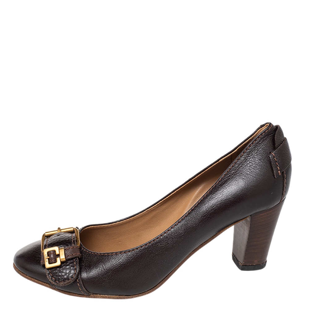 

Chloe Brown Leather Buckle Detail Block Heel Pumps Size