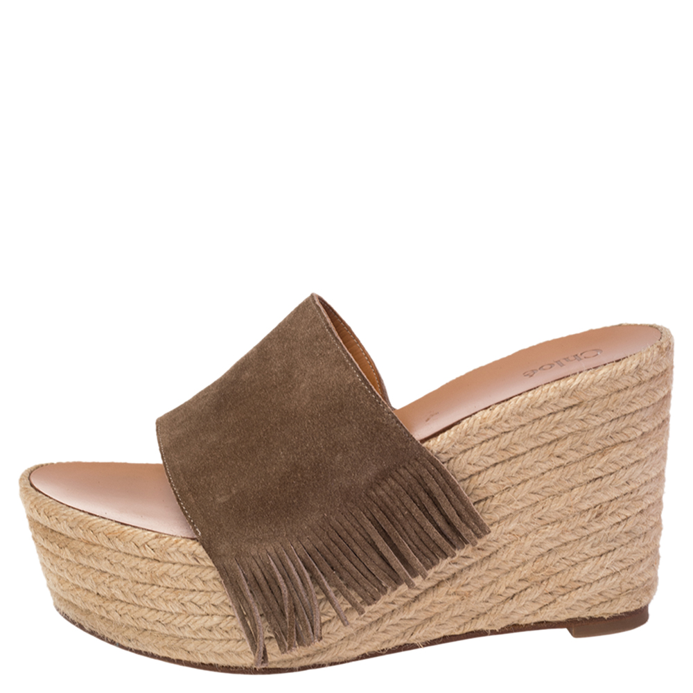 

Chloe Brown Suede Fringe Detail Wedge Espadrille Sandals Size