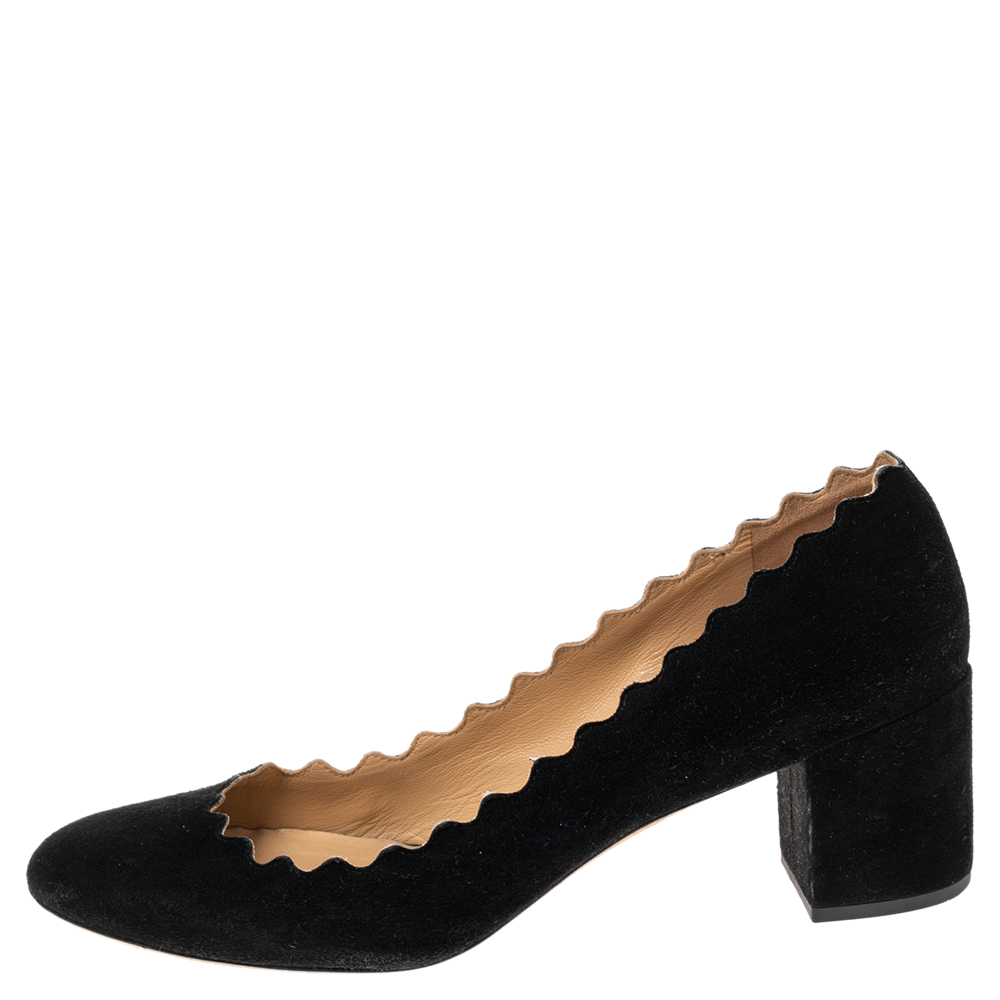 

Chloe Black Suede Lauren Scallop Trim Block Heel Pumps Size