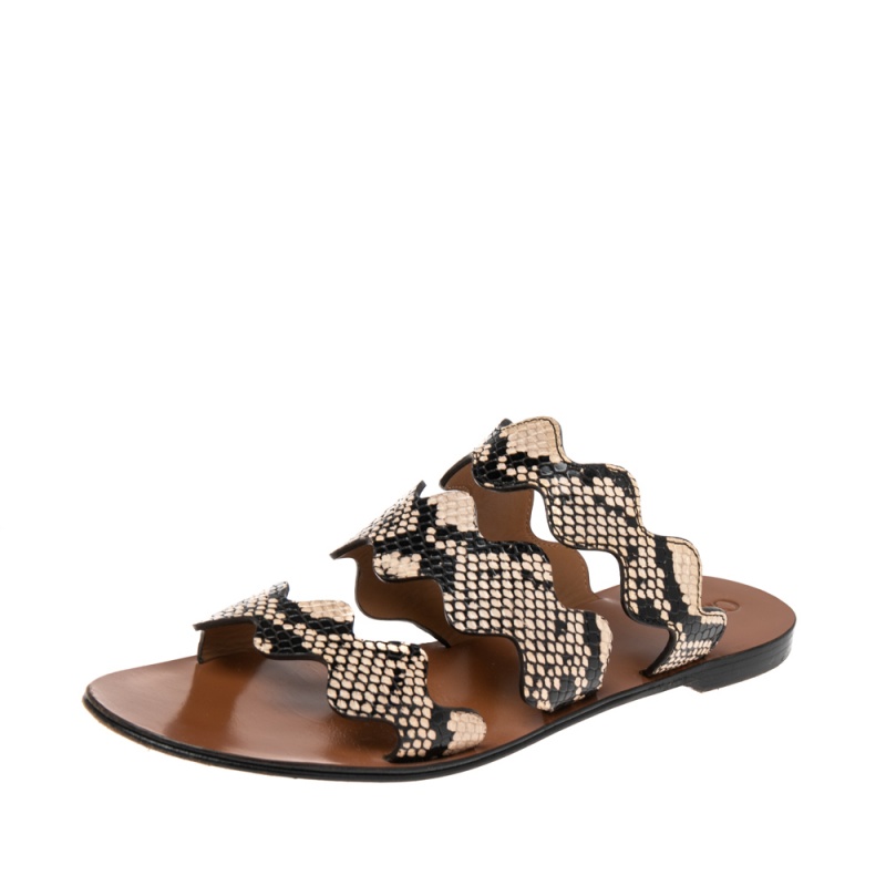 

Chloe Two Tone Python Embossed Leather Lauren Strappy Flat Sandals Size, Brown