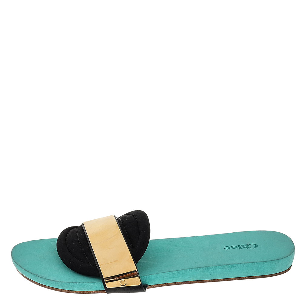 

Chloé Black Fabric Metal Band Slide Flat Sandals Size