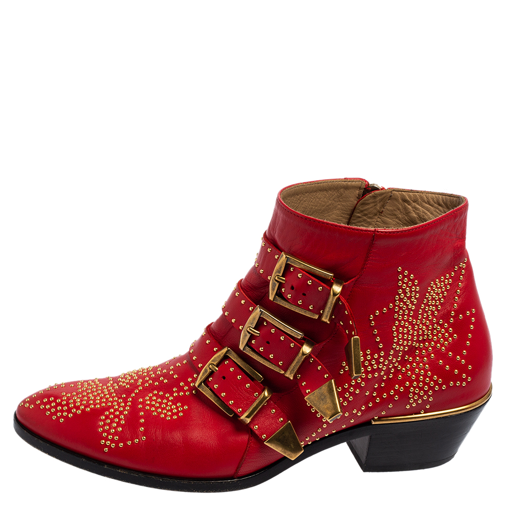 

Chloé Red Leather Studded Susanna Ankle Boots Size