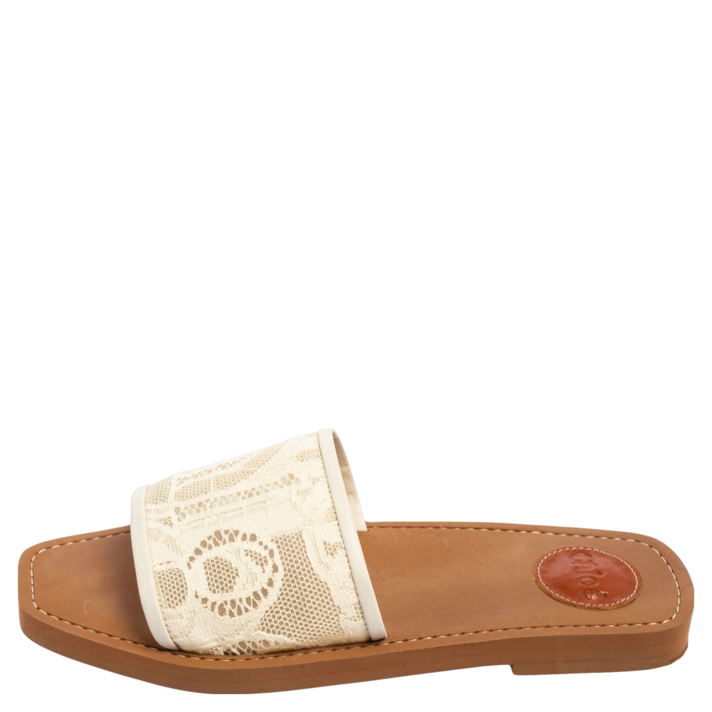 

Chloe Cream Lace and Mesh Flat Slide Sandals Size