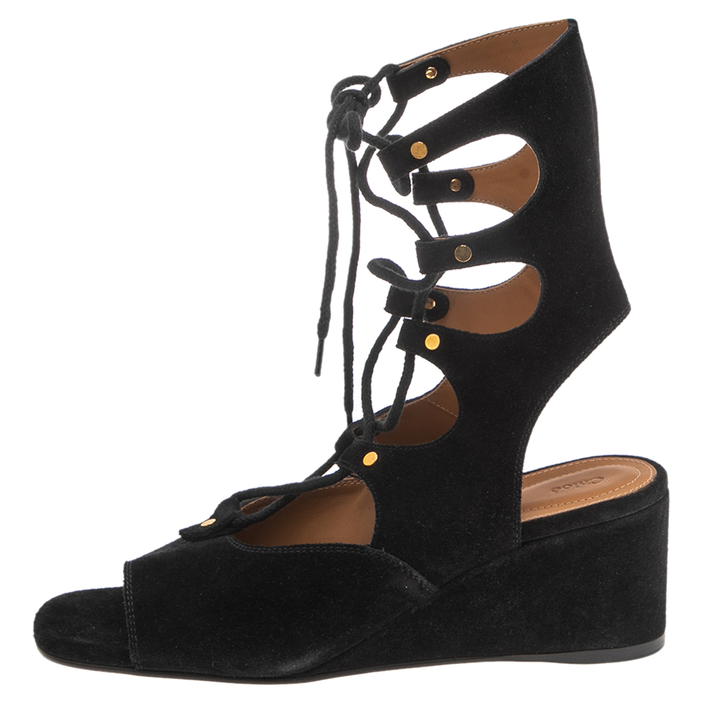 

Chloe Black Cutout Suede Wedge Ankle Wrap Sandals Size