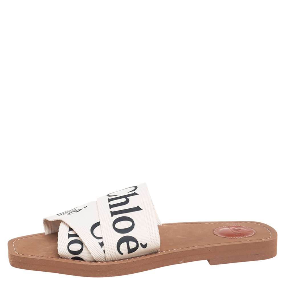 

Chloe Off White Canvas Logo Ribbon Woody Flat Slide Sandals Size