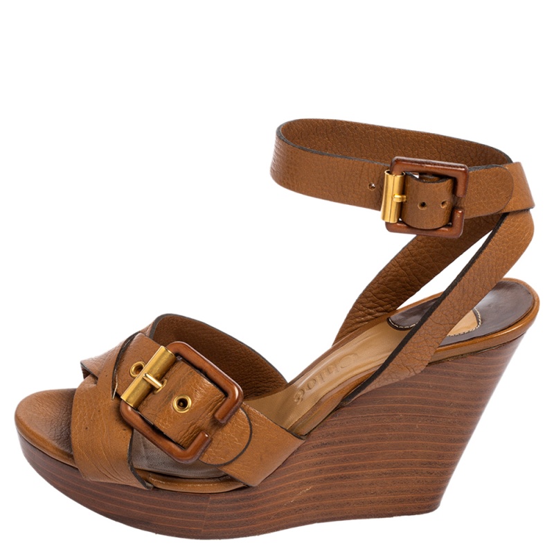 

Chloe Brown Leather Crisscross Ankle-Strap Wooden Wedge Sandals Size