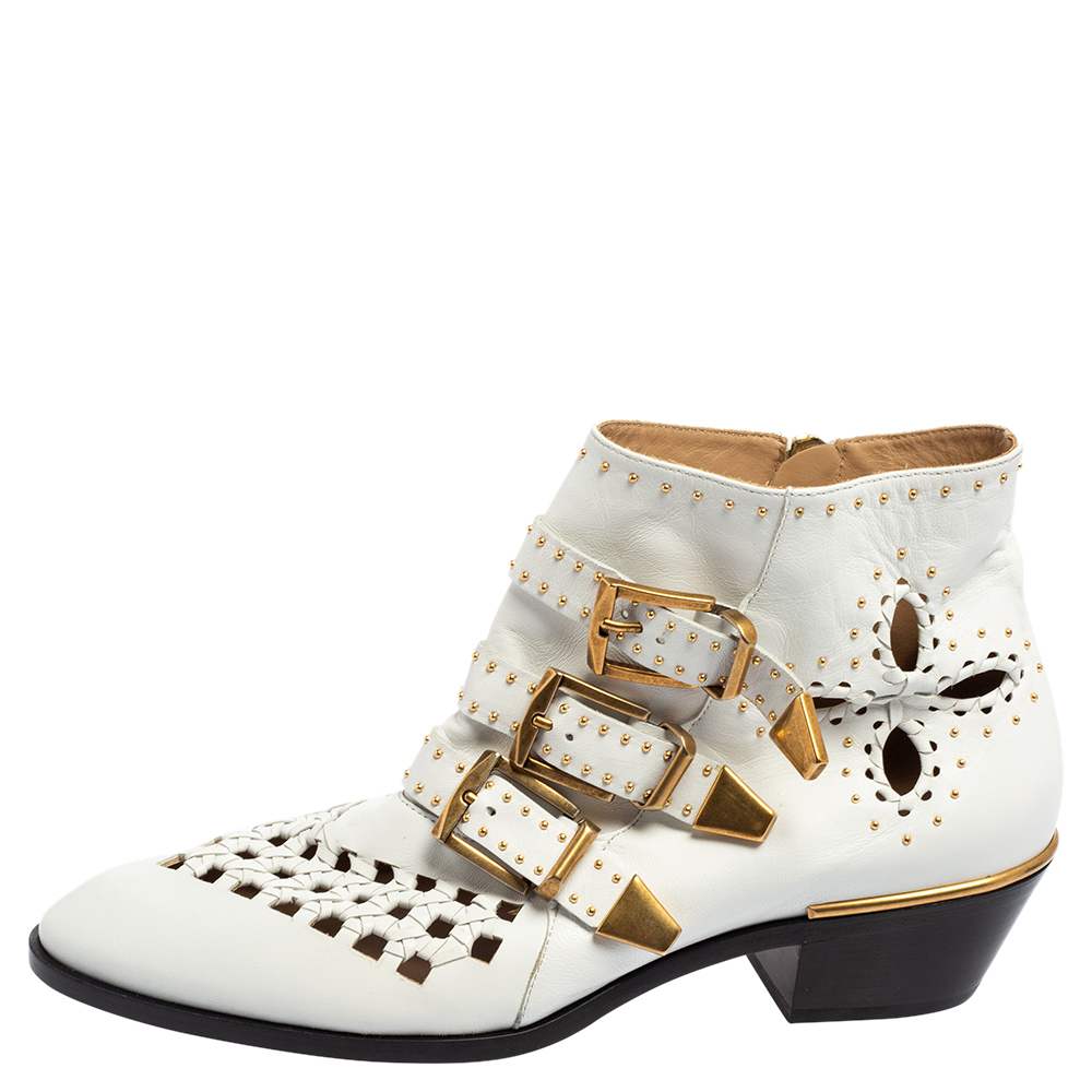 

Chloe White Leather Cutout Studded Susanna Boots Size