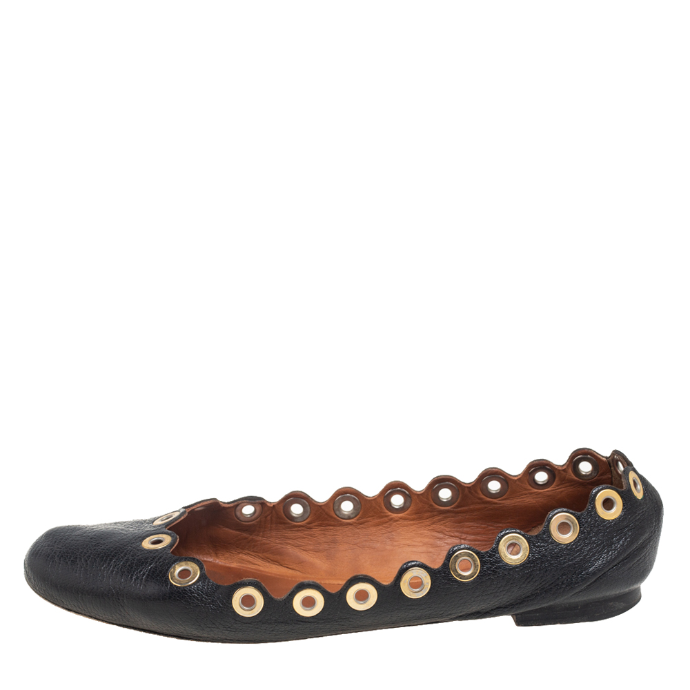 

Chloe Black Leather Scalloped Grommet Ballet Flats Size