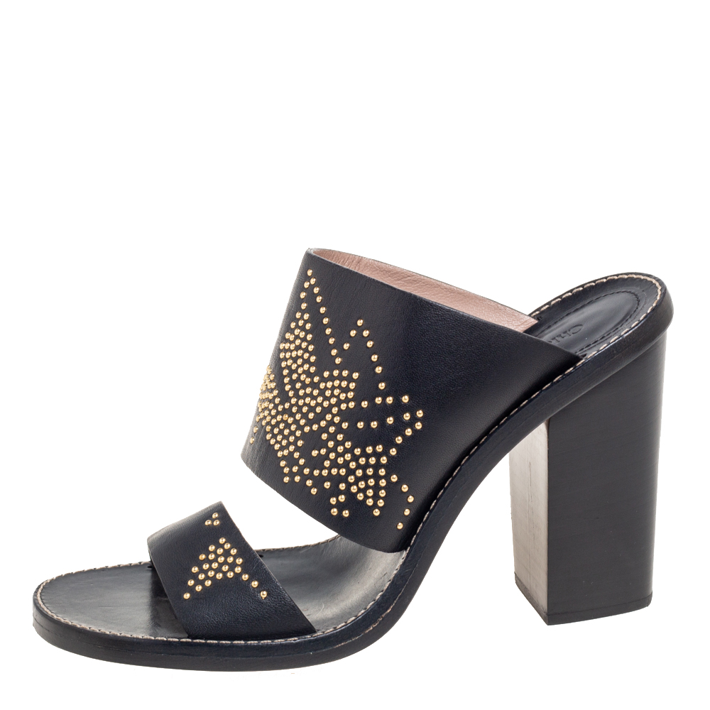 

Chloe Black/Gold Studded Leather Slide Sandals Size