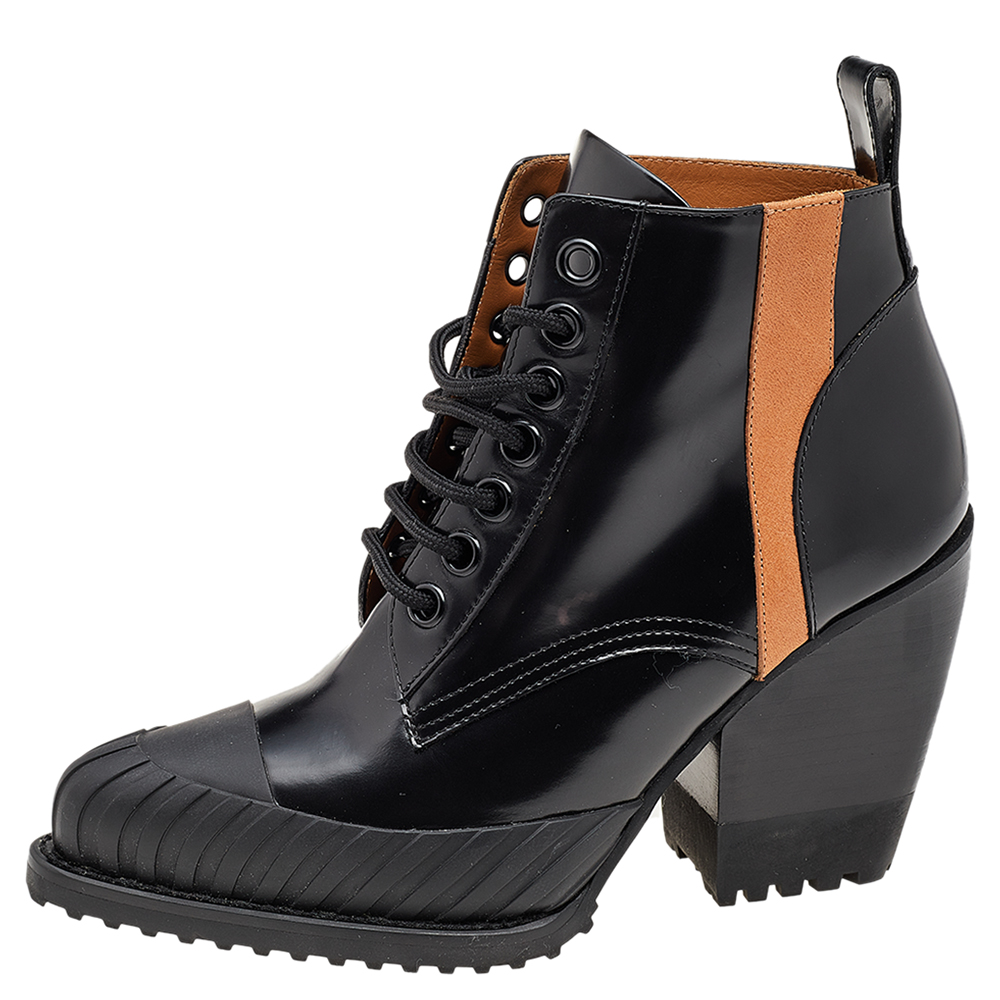 

Chloe Black Leather Rylee Rubber Cap Toe Lace Up Ankle Boots Size