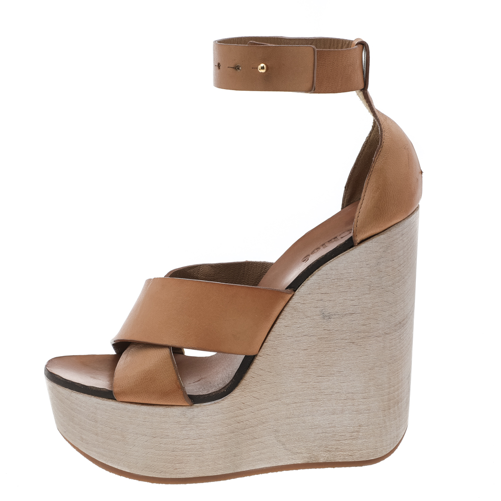 

Chloe Tan Leather Wedge Crisscross Platform Sandals Size