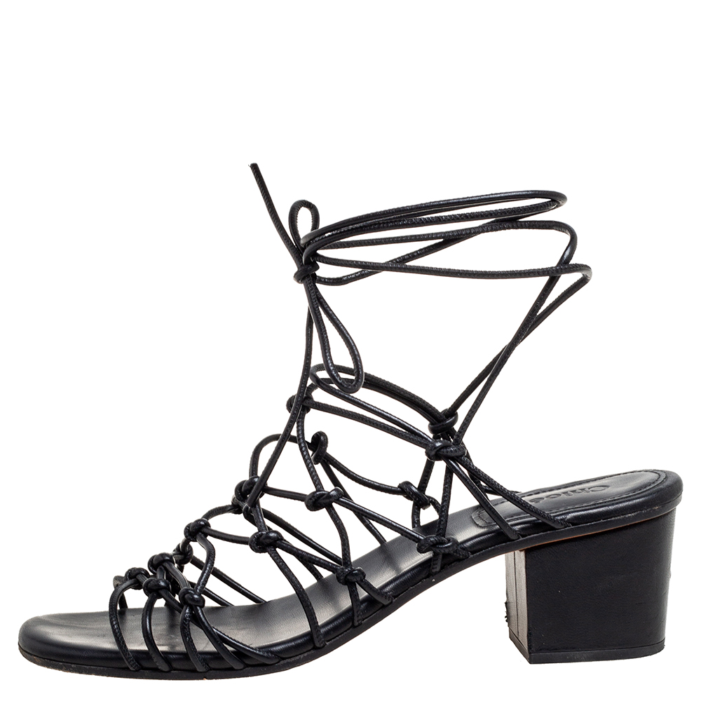 

Chloe Black Leather Jamie Knot Ankle Wrap Sandals Size