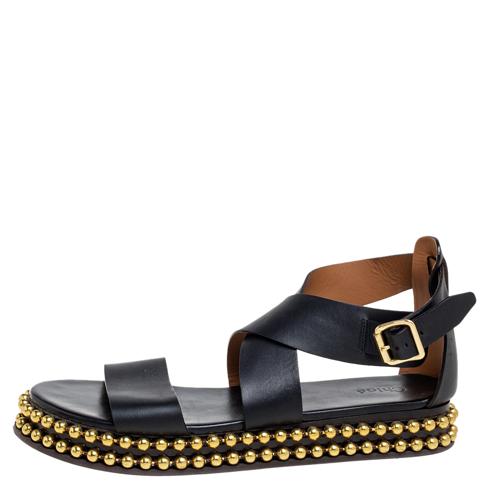 

Chloe Black Leather Sawyer Embellished Ankle Strap Flat Sandals Size