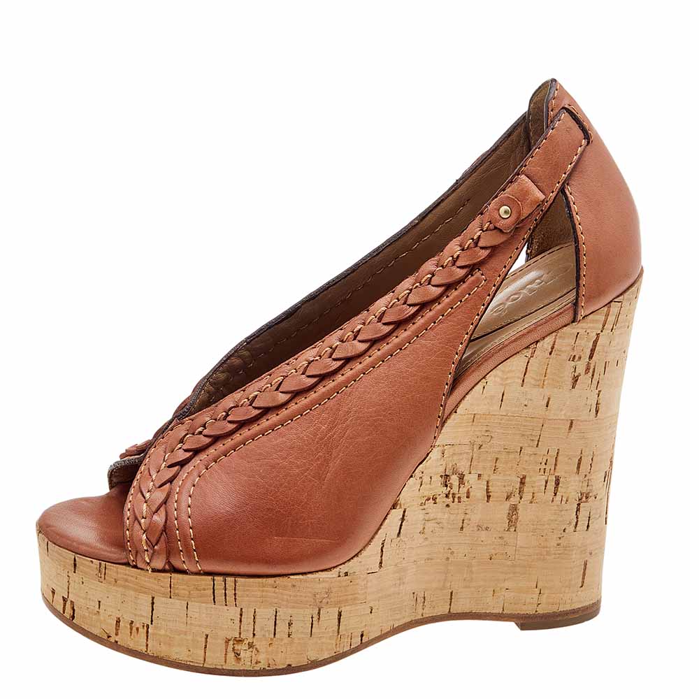 

Chloe Brown Leather Braided Detail Cork Platform Wedge Sandals Size