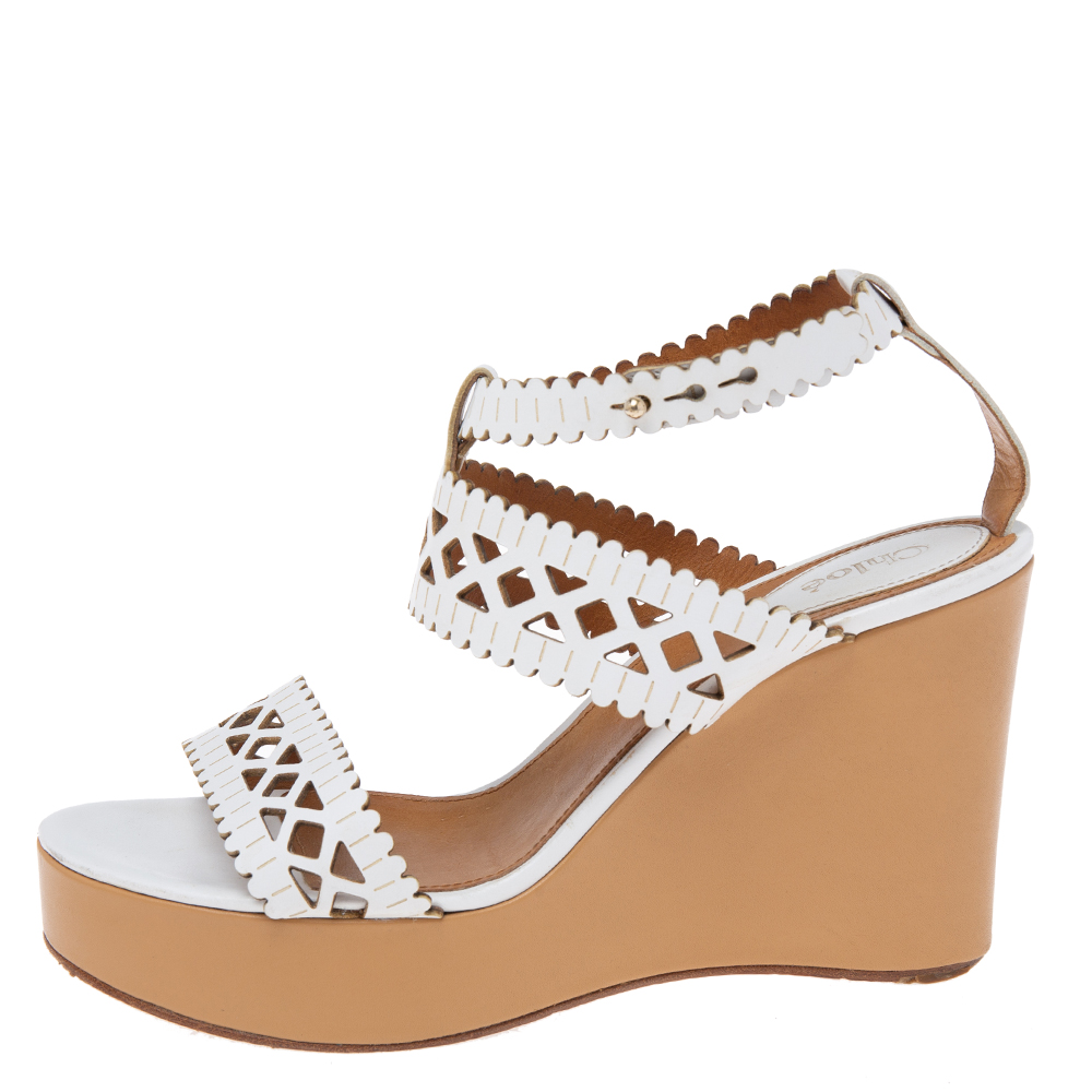 

Chloe White Leather Wedge Ankle Strap Sandals Size