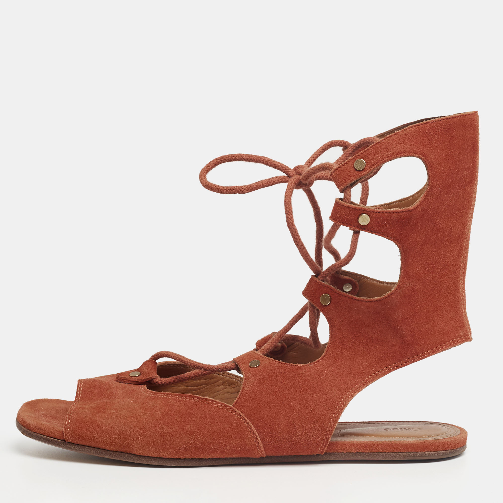 Pre-owned Chloé Rust Suede Gladiator Flat Sandals Size 38 In Brown