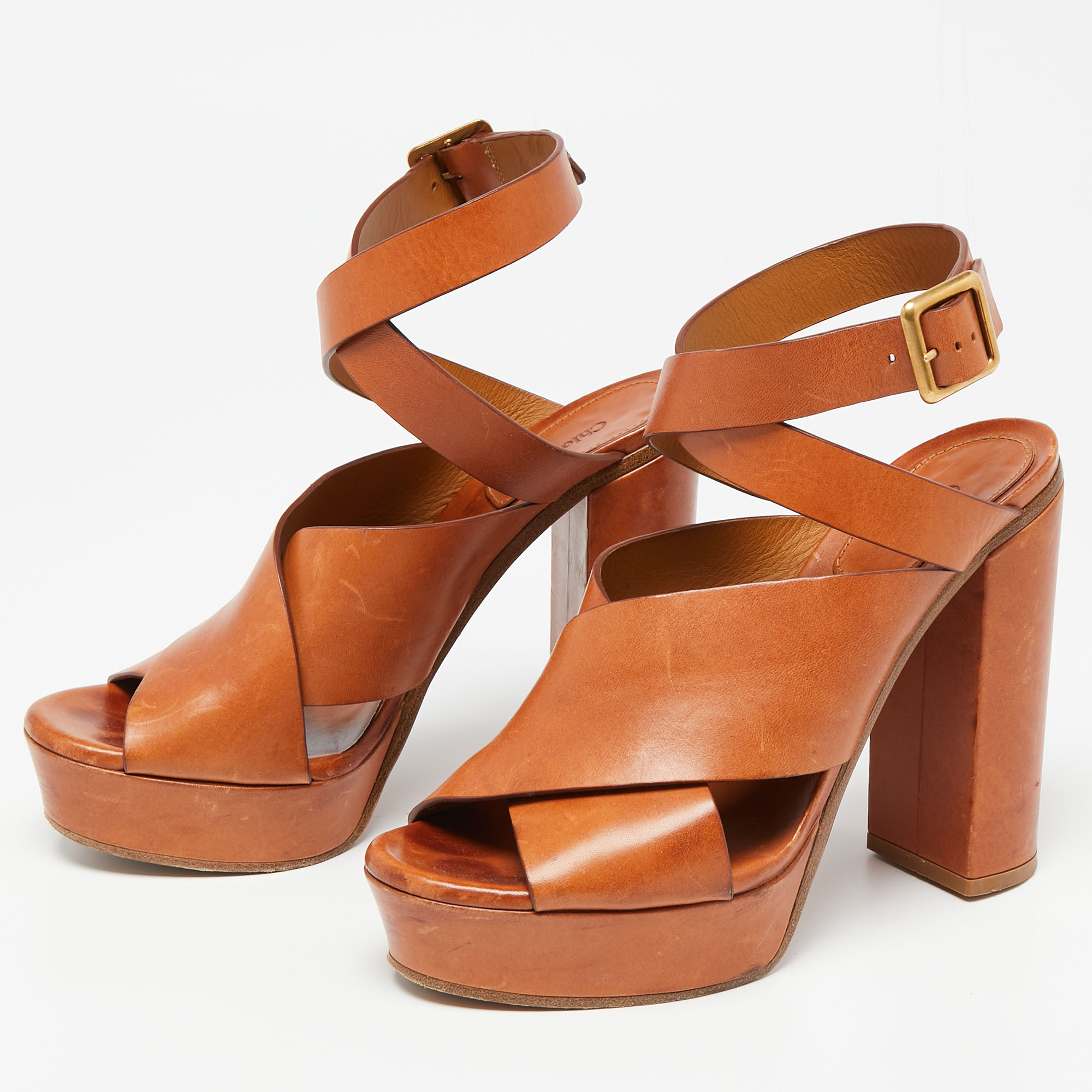 

Chloe Brown Leather Platform Ankle-Wrap Sandals Size