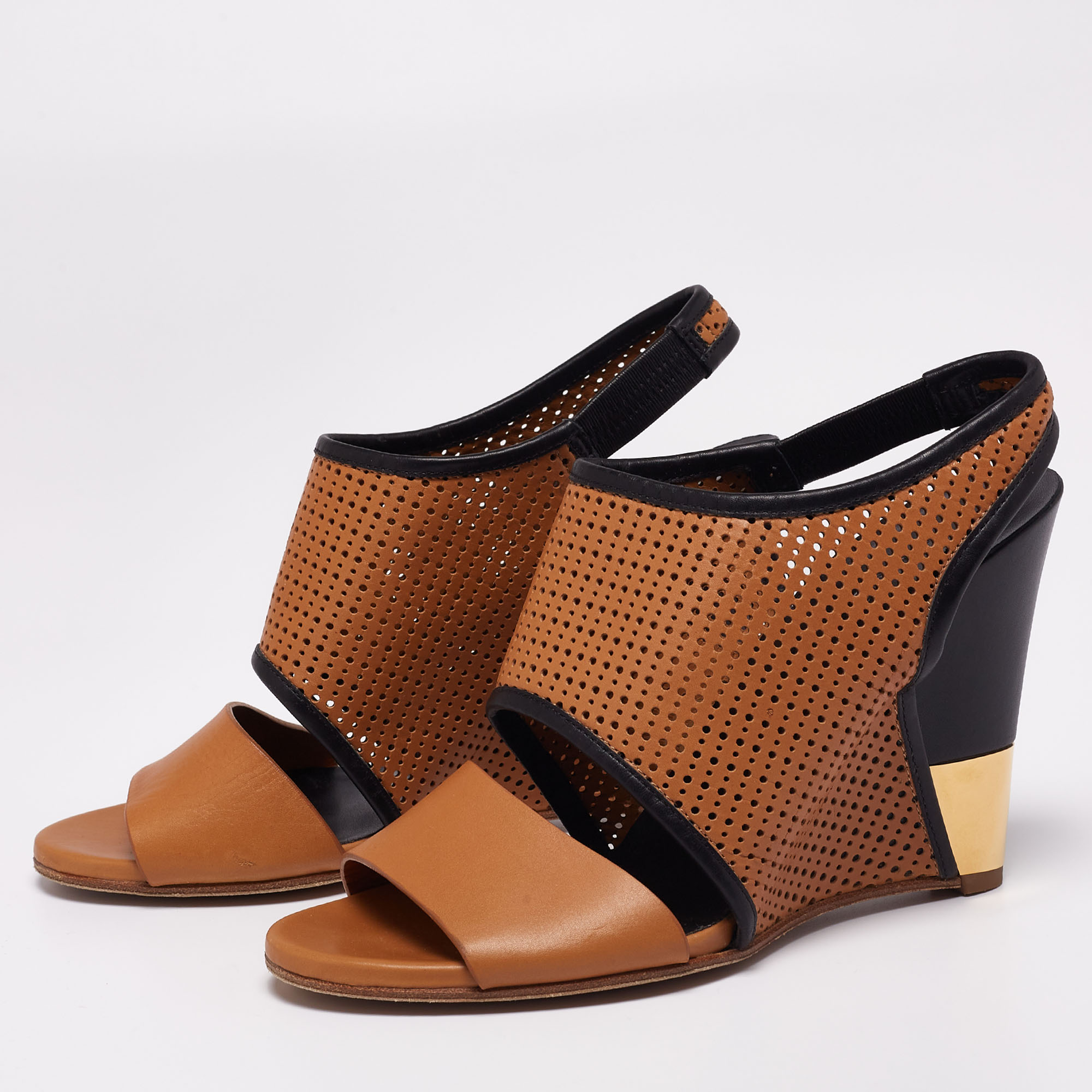 

Chloe Brown/Brown Leather Cut out Wedges Sandals Size