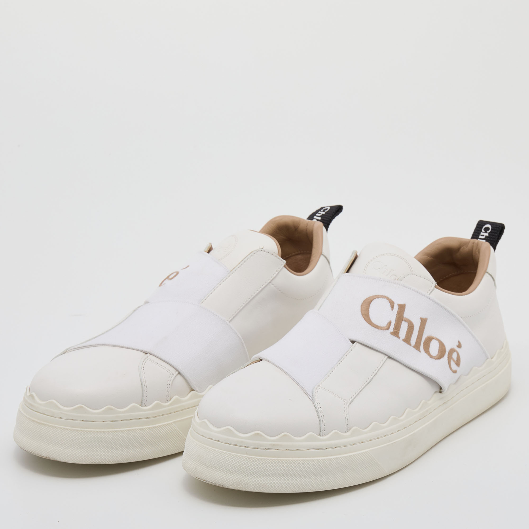 

Chloé White Leather Lauren Logo Embroidered Slip On Sneakers Size