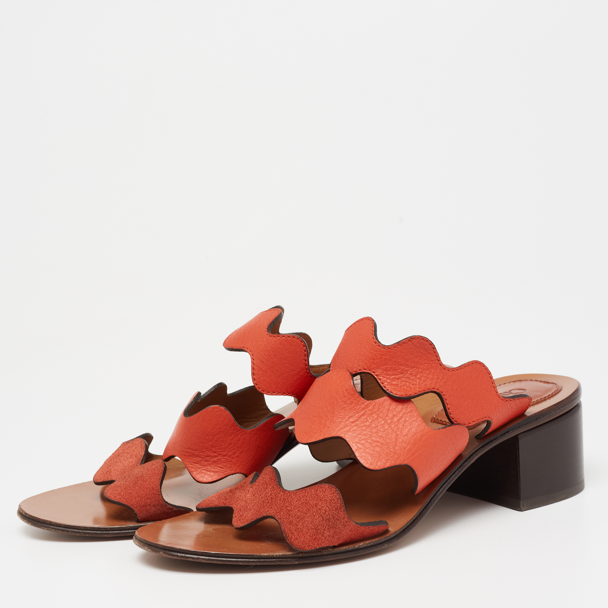 

Chloe Sunset Orange Leather and Suede Scalloped Slip On Sandals Size