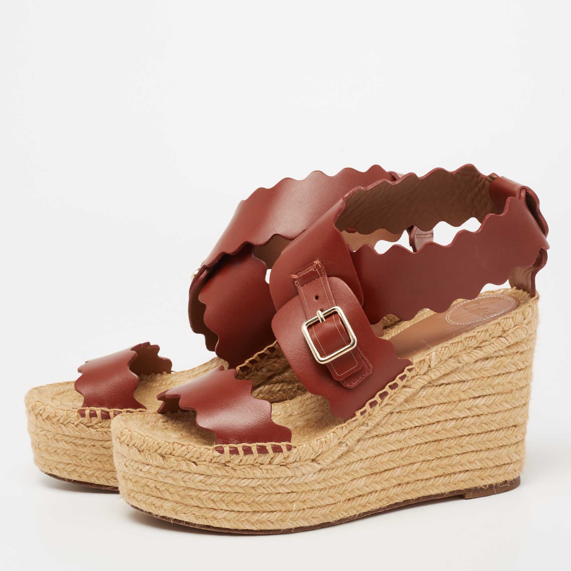 

Chloe Brown Scalloped Leather Lauren Espadrille Wedge Sandals Size