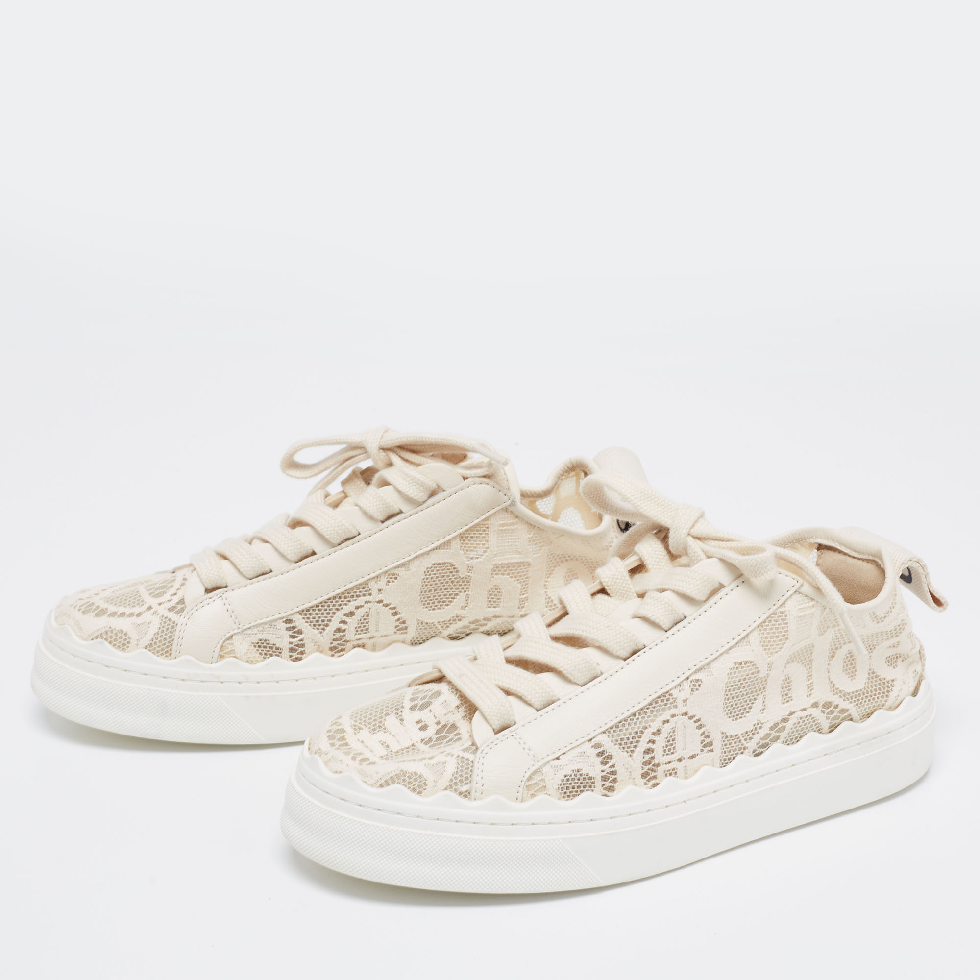 

Chloe Cream Lace And Leather Lauren Lace Up Sneakers Size