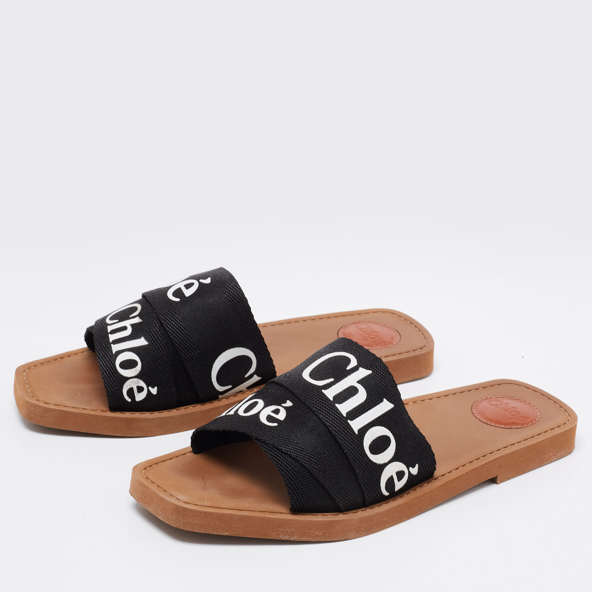 

Chloe Black Canvas Logo Ribbon Woody Flat Sandals Size