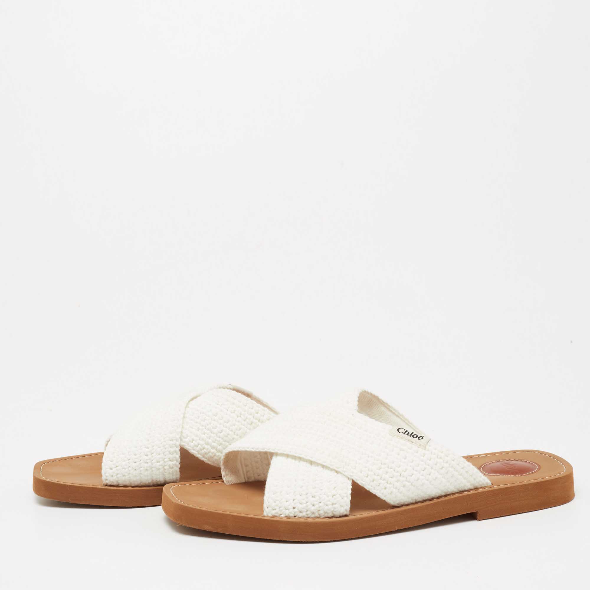 

Chloe White Woody Crocheted Slides Sandals Size