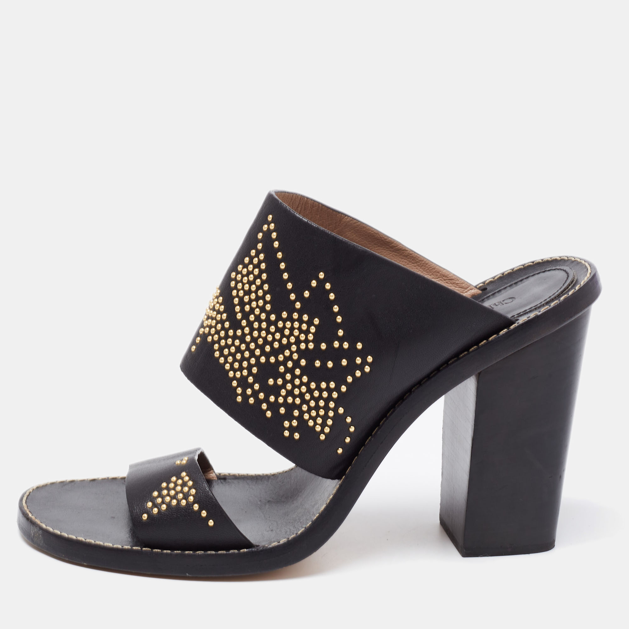 Pre-owned Chloé Black/gold Studded Leather Slide Sandals Size 41
