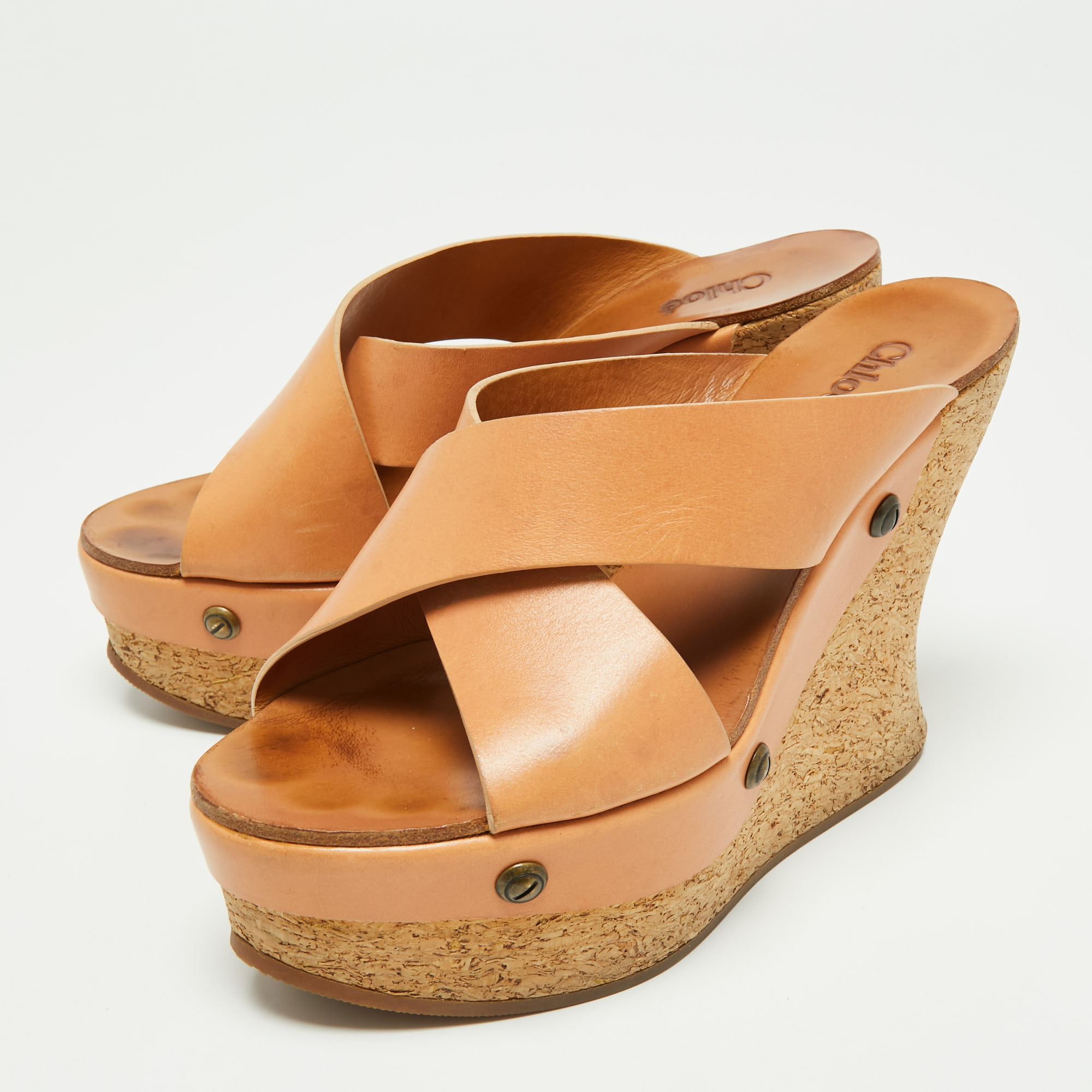 

Chloe Tan Leather Cork Wedge Criss Cross Platform Slide Sandals Size