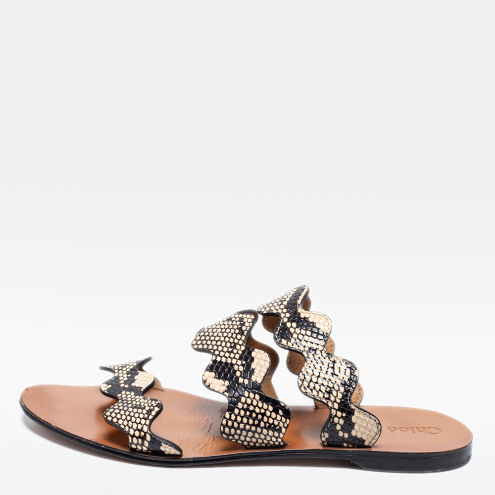 Pre-owned Chloé Two Tone Python Embossed Leather Lauren Strappy Flat Sandals Size 40 In Cream
