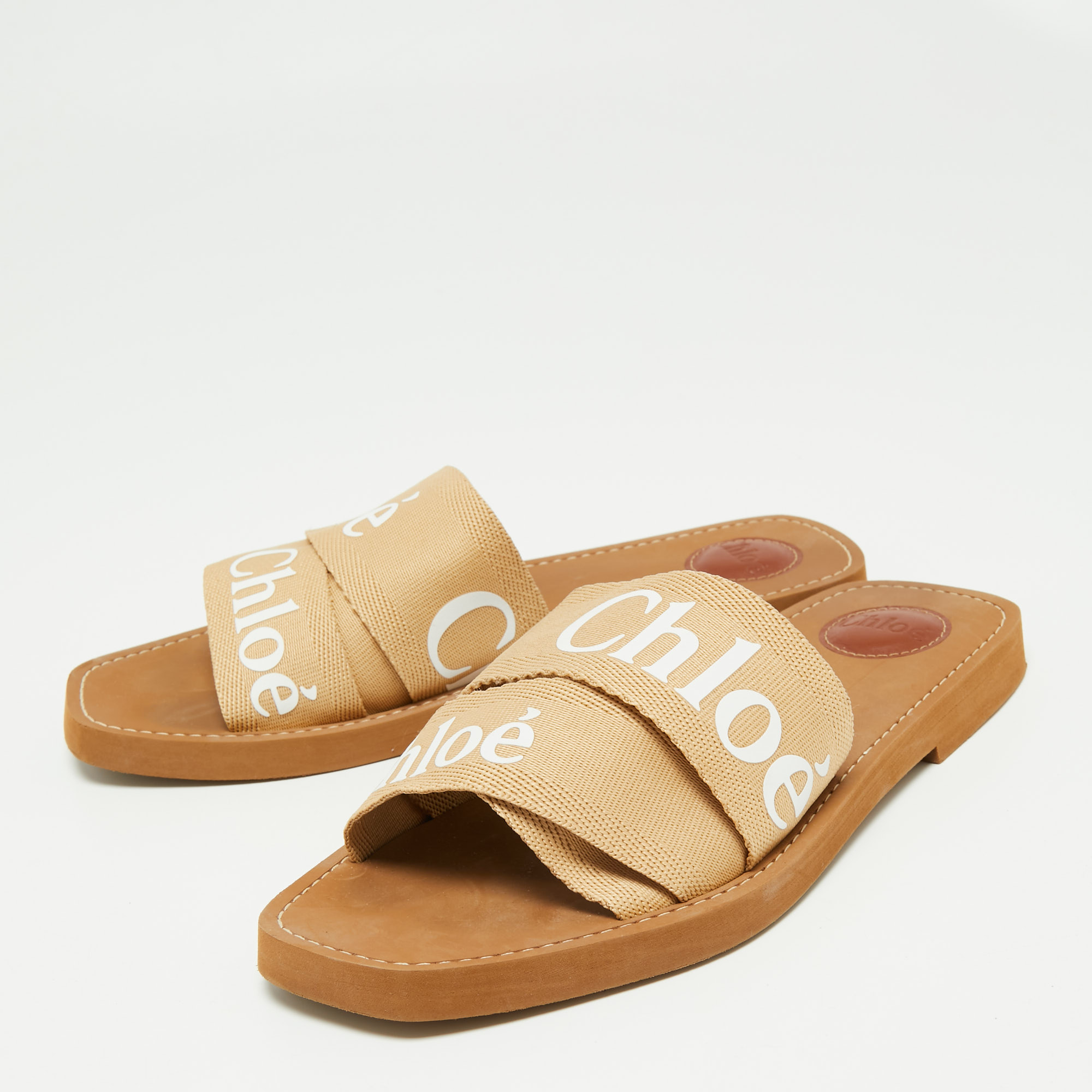 

Chloe Beige Canvas Woody Logo Flat Slides Size