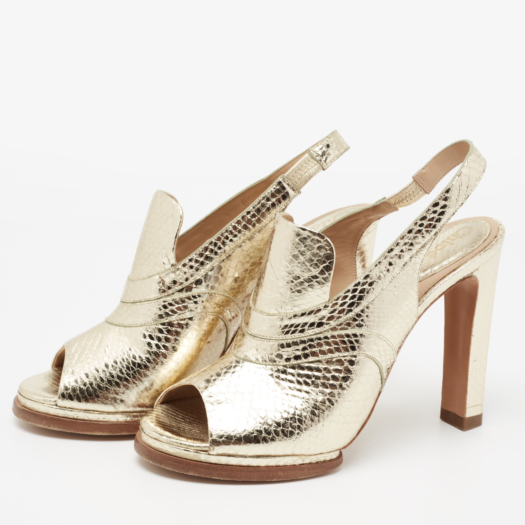 

Chloe Light Gold Snakeskin Embossed Leather Open-Toe Slingback Sandals Size