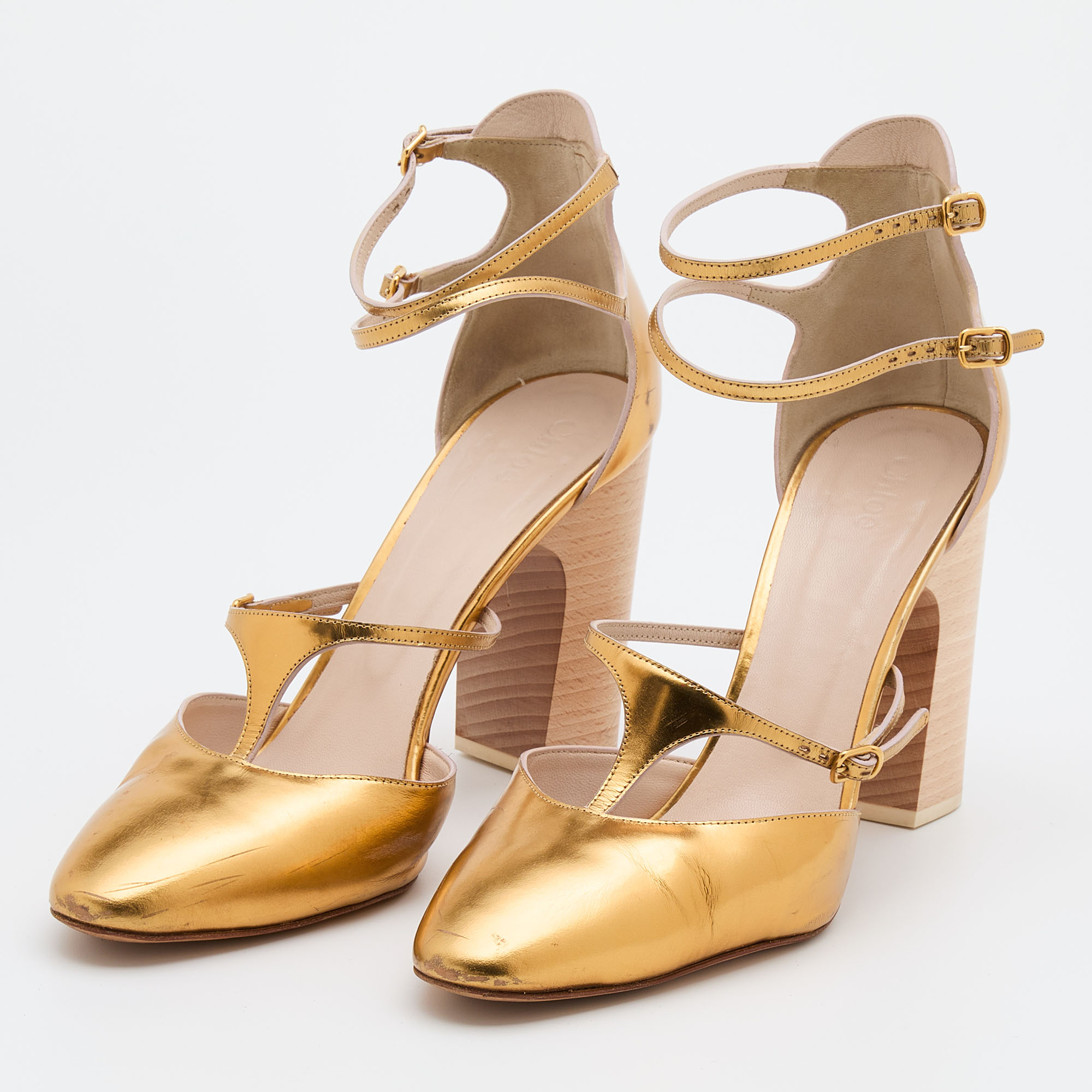 

Chloe Metallic Gold Leather Block Heel Ankle Strap Sandals Size