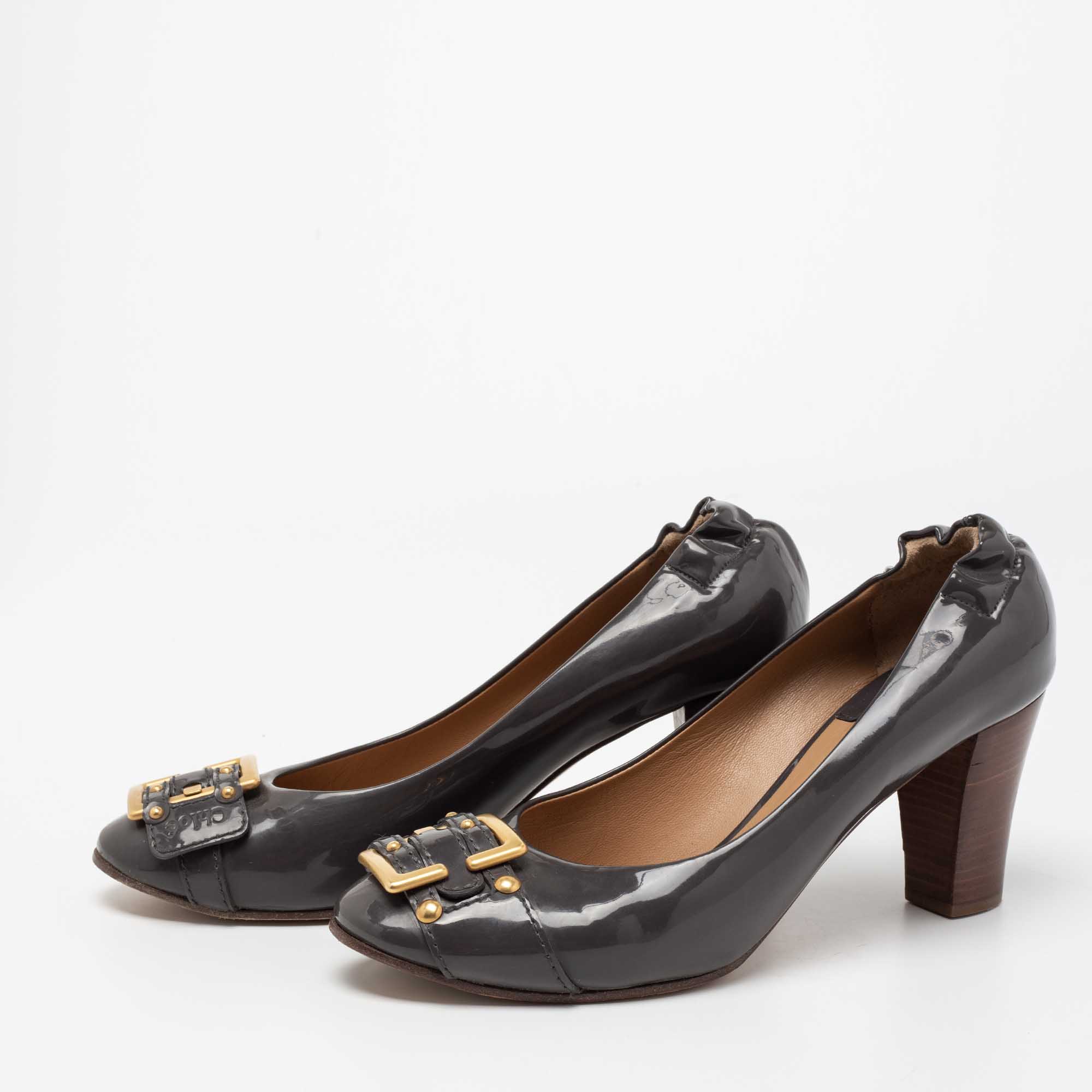 

Chloe Grey Patent Leather Gold Buckle Block Heel Pumps Size