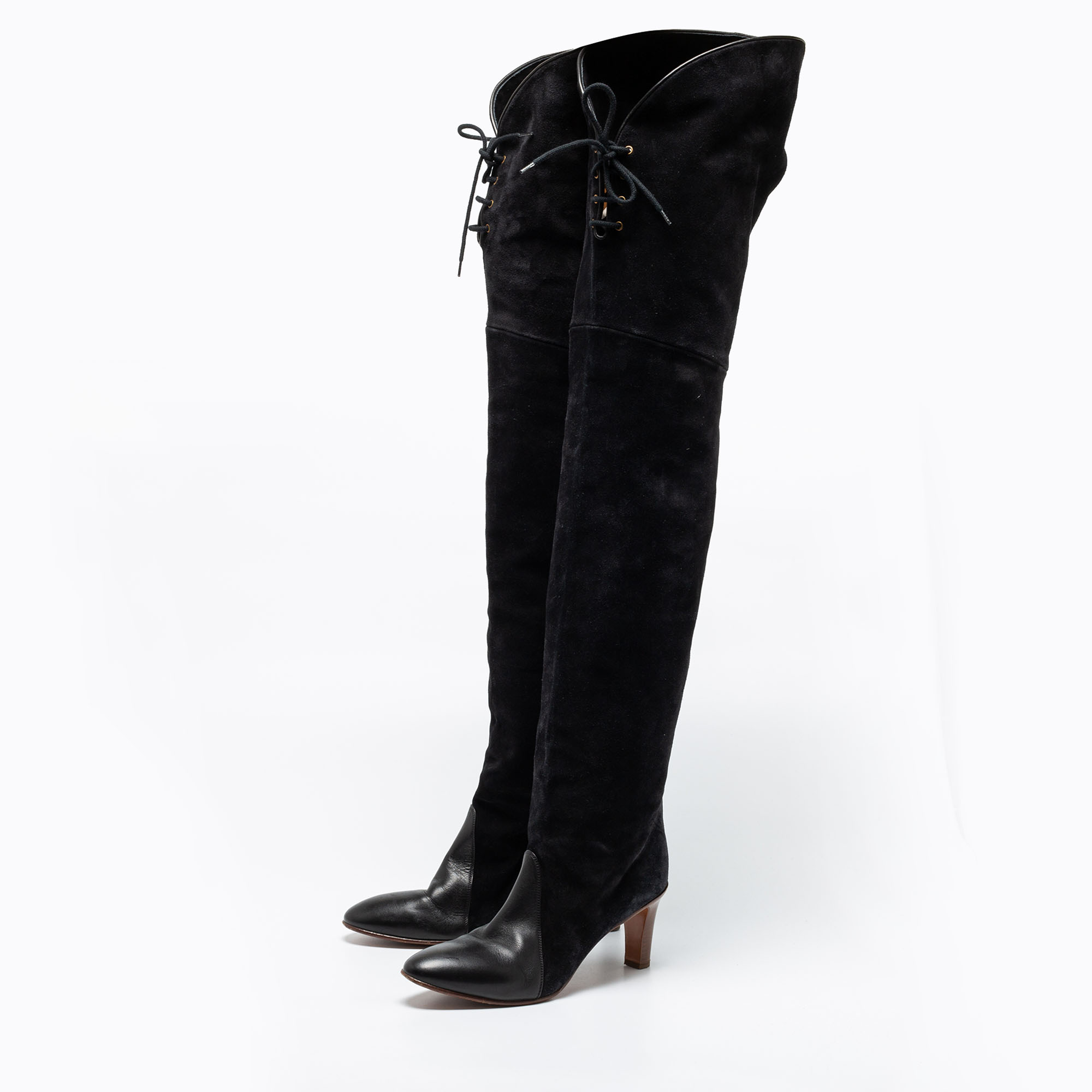 Chloe Black Suede And Leather Thigh Length Boots Size