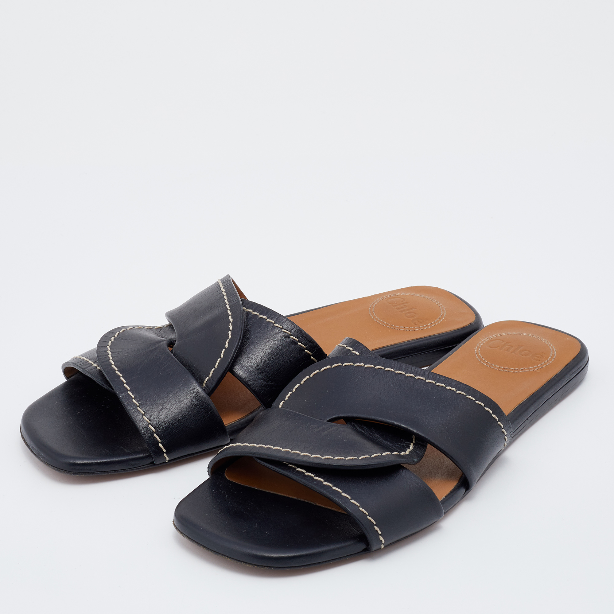 

Chloe Black Leather Twist Candice Flat Slide Sandals Size
