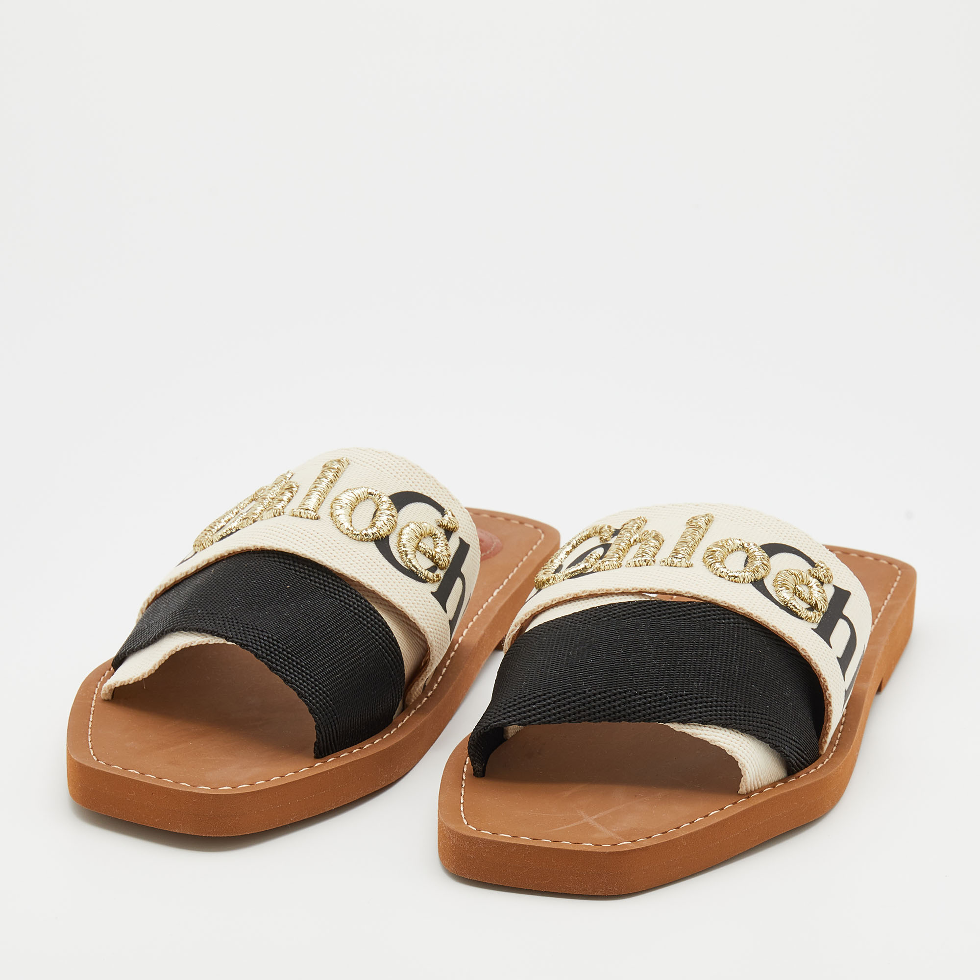 

Chloe Cream/Black Nylon Embroidered Woody Flat Sandals Size