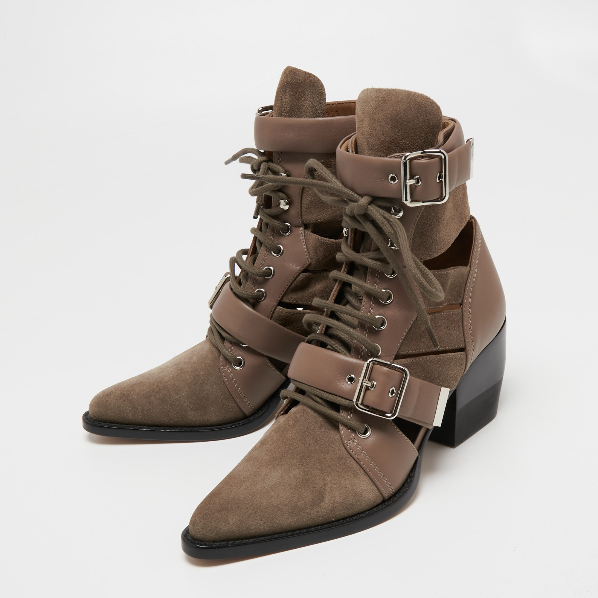 

Chloé Rylee Brown Suede And Leather Buckled Ankle Boots Size
