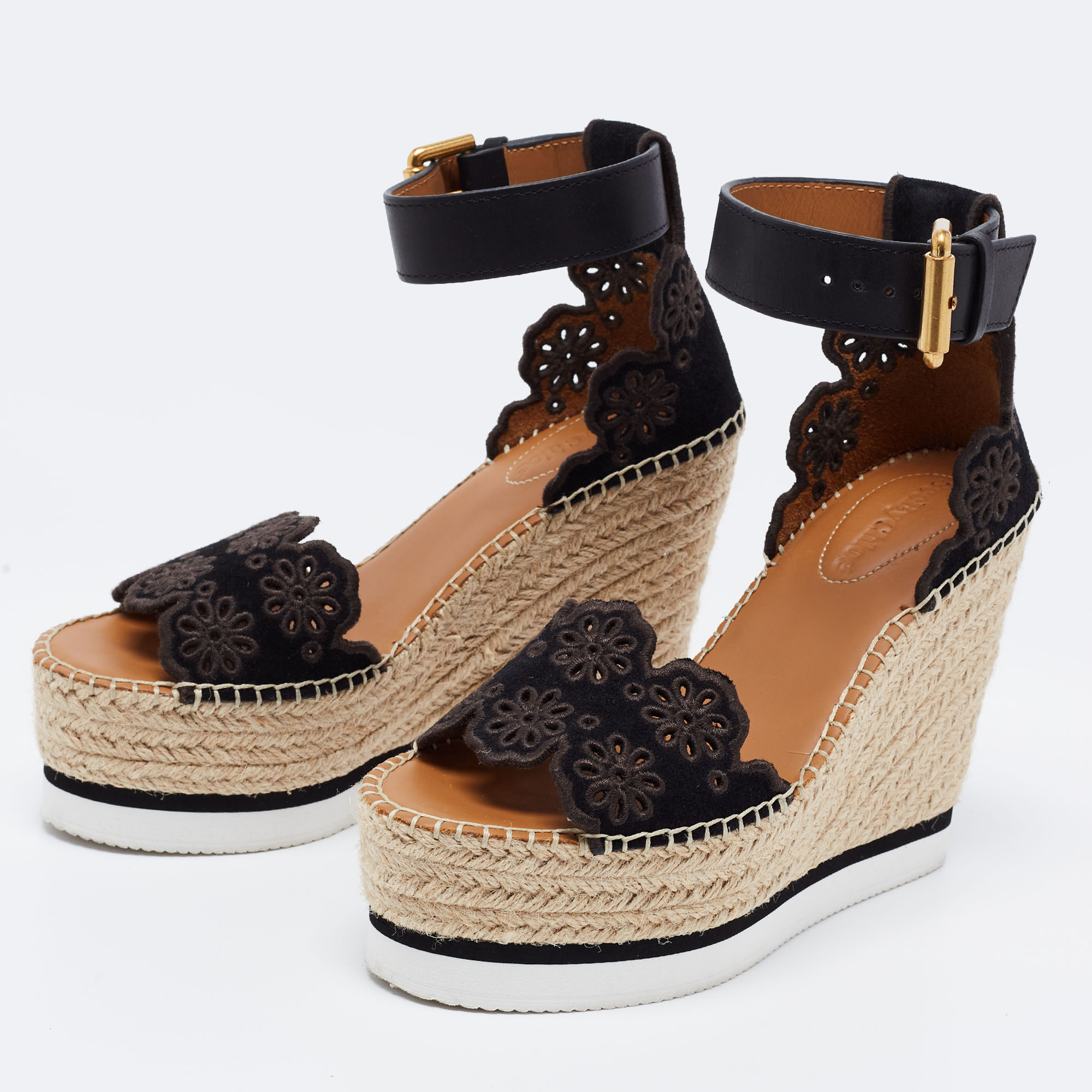 

See by Chloe Black Suede Floral Laser-Cut Platform Wedge Espadrille Sandals Size