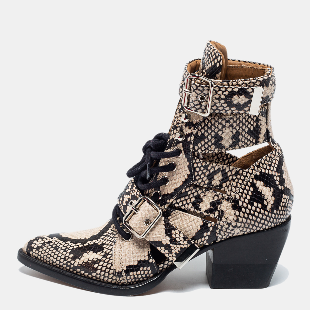 

Chloe Beige/Black Python Embossed Leather Rylee 60 Ankle Boots Size