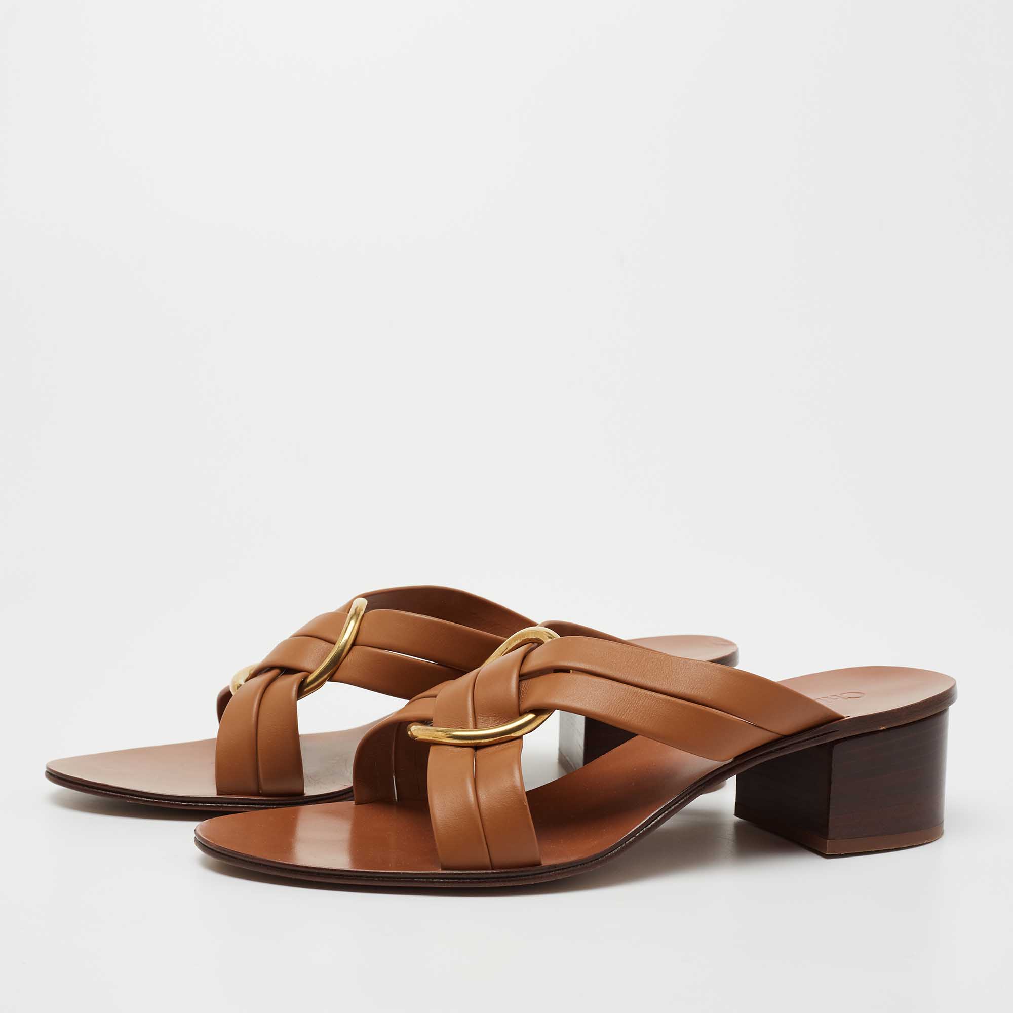 

Chloe Brown Leather Rony Block Heel Sandals Size