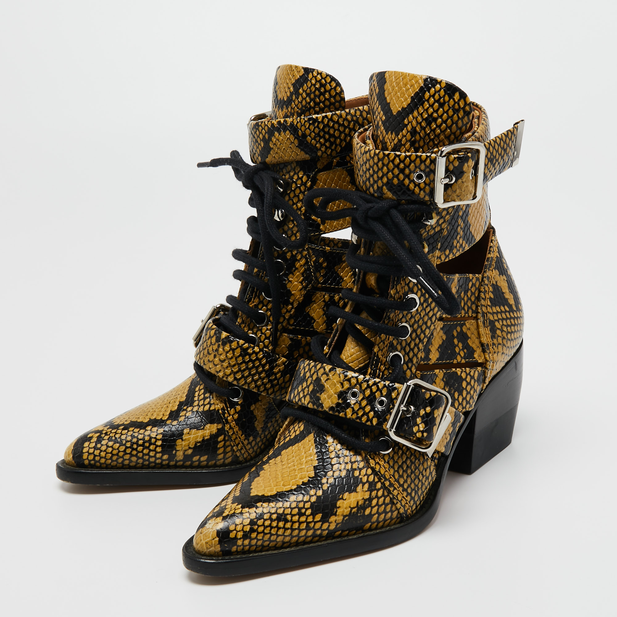 

Chloe Yellow/Black Python Embossed Leather Rylee Ankle Length Boots Size