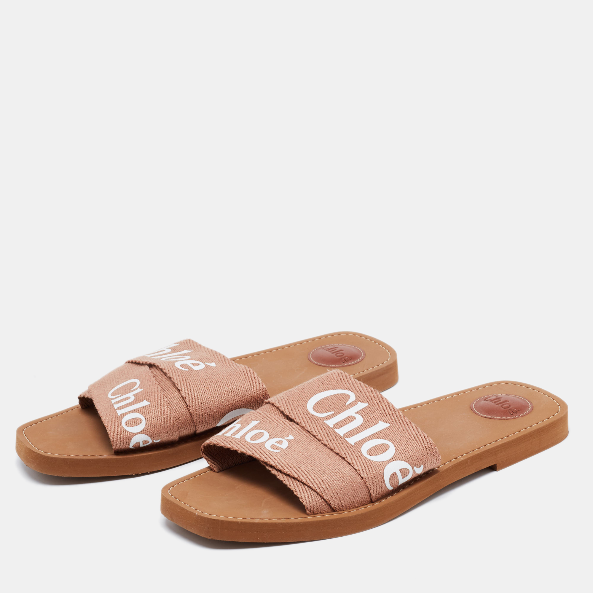 

Chloe Light Brown Logo Canvas Woody Flat Slides Size