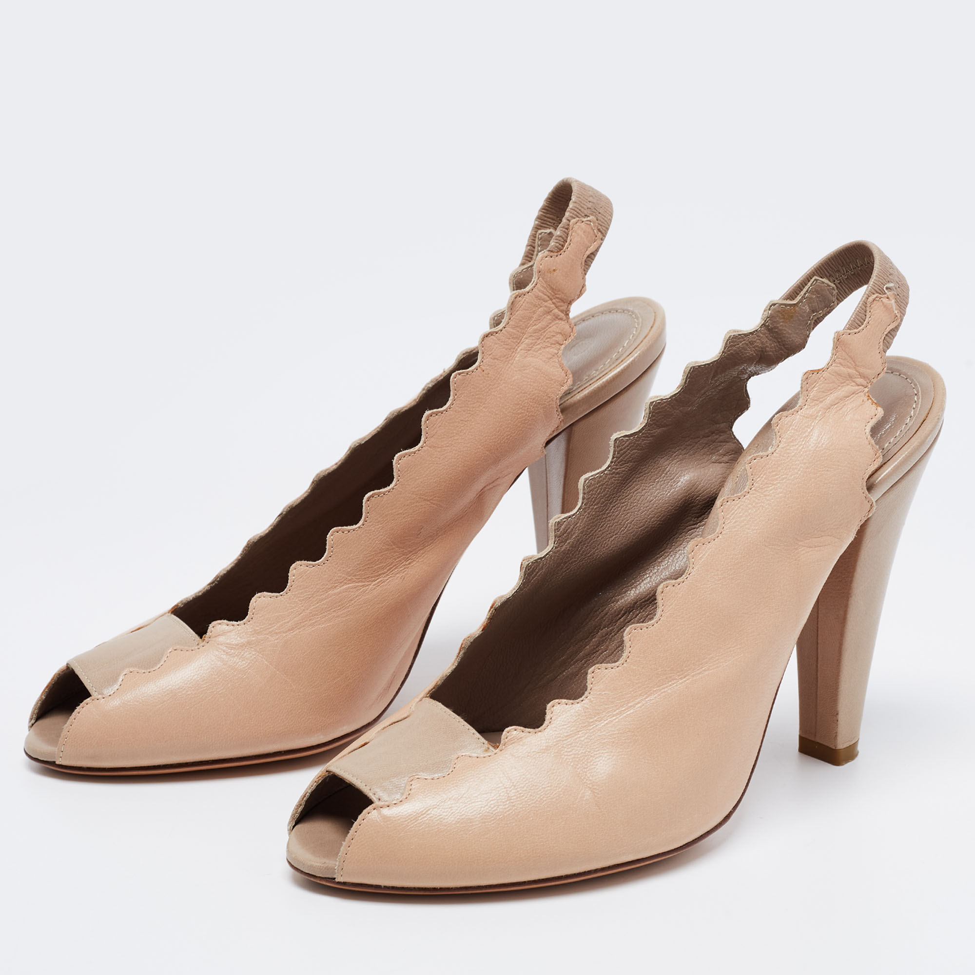 

Chloe Beige Scalloped Leather Peep Toe Slingback Pumps Size