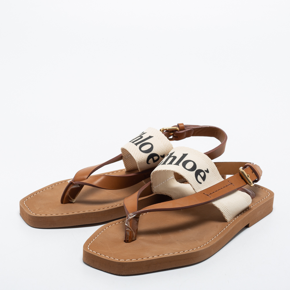 

Chloe Brown/Off White Leather and Logo Canvas Woody Flat Thong Sandals Size