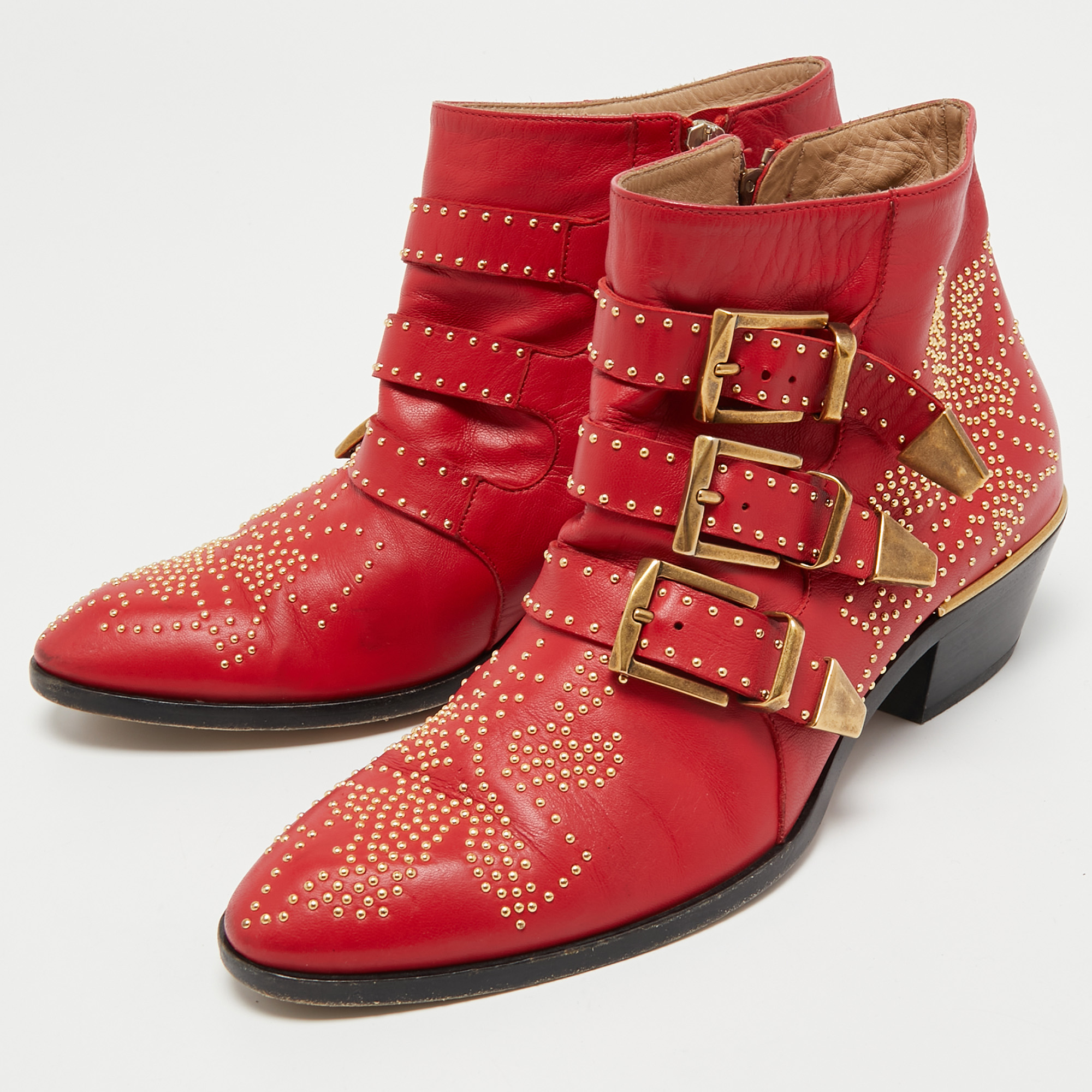 

Chloe Red Leather Susanna Studded Ankle Length Boots Size