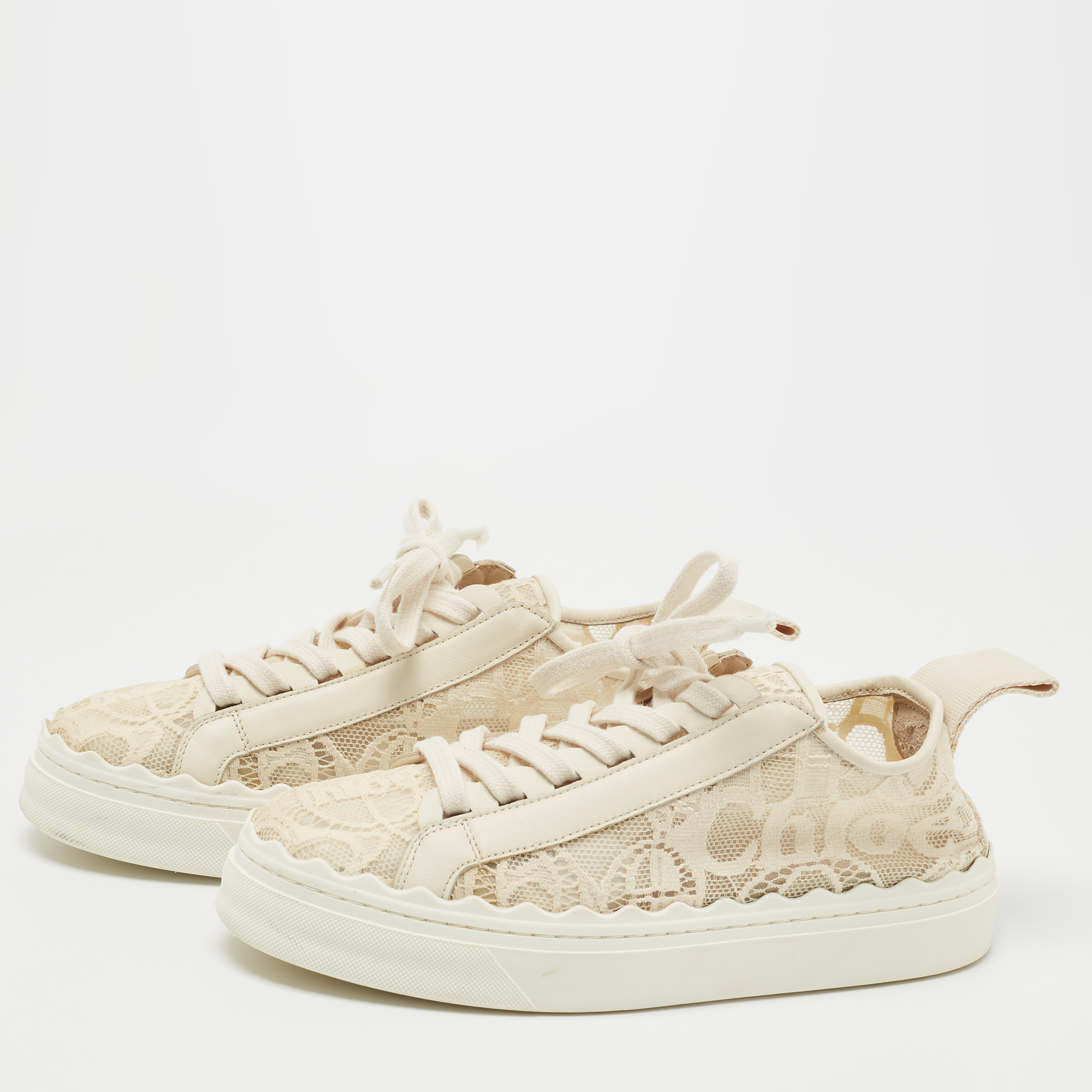 

Chloe Cream Lace And Leather Lauren Lace Up Sneakers Size