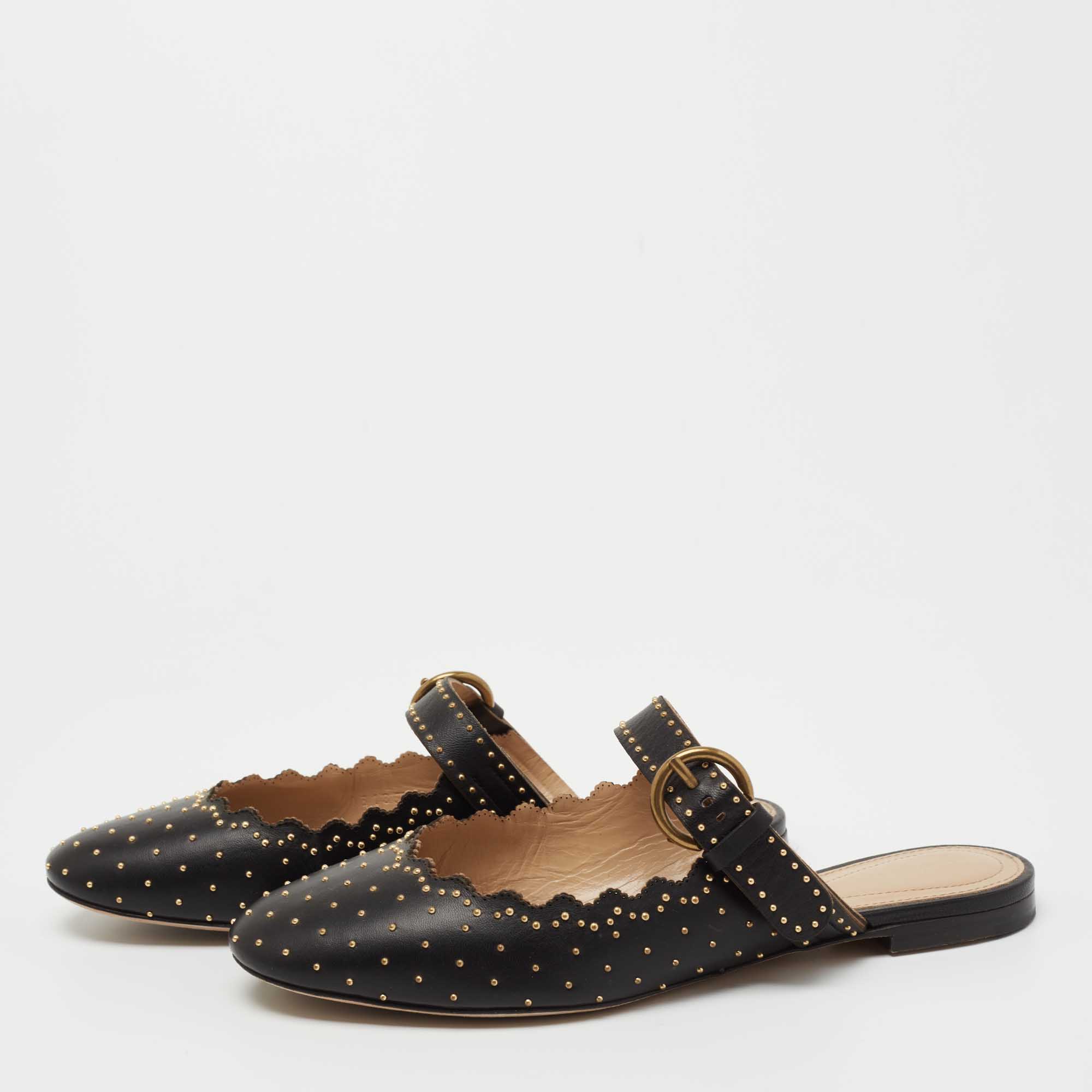 

Chloe Black Studded Leather Round Toe Flat Mules Size